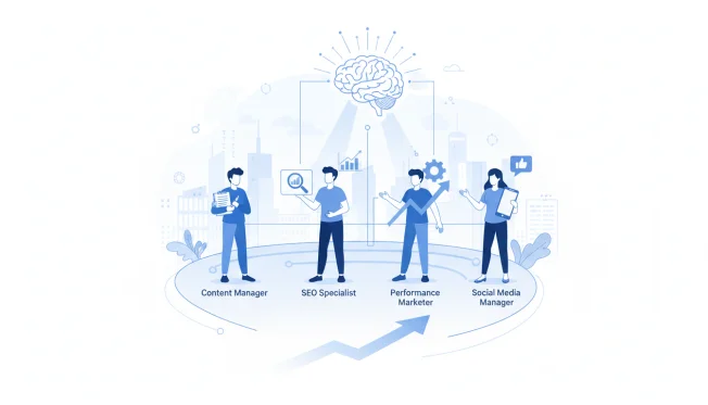 Marketing-Teams: Content-Manager, SEO-Spezialisten, Performance-Marketer, Social-Media-Manager — all