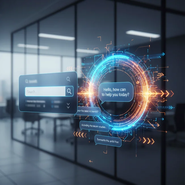Modern search engine interface transforming into AI-powered conversational results, glowing search bar morphing into intelligent dialog, data streams and ranking arrows, blue and warm orange tones, pr