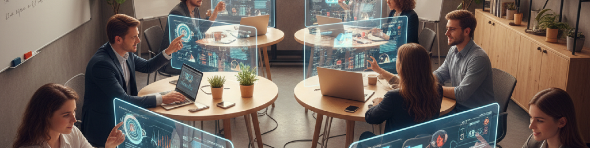 Interactive AI workshop setting in modern training room, professionals engaged with holographic AI displays and laptops, warm collaborative atmosphere, bright and inviting